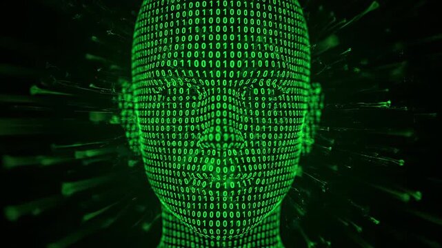 Glowing green digital face. Binary code shapes the face