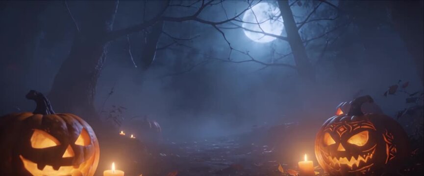 Halloween night forest path with pumpkin jack o lantern lantern glow under full moon fog spooky candlelight eerie atmosphere autumn leaf fall seasonal mystery