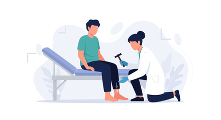 Fototapeta premium Doctor performing reflex test on patient's knee with reflex hammer in a clinic, vector illustration, modern medical concept.