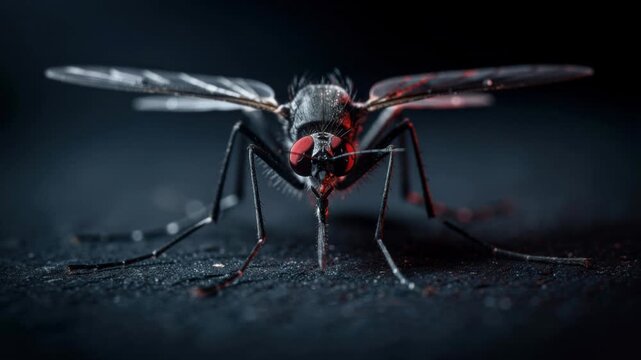 Close-up macro photography of a mosquito with red eyes on a dark surface showcasing insect details