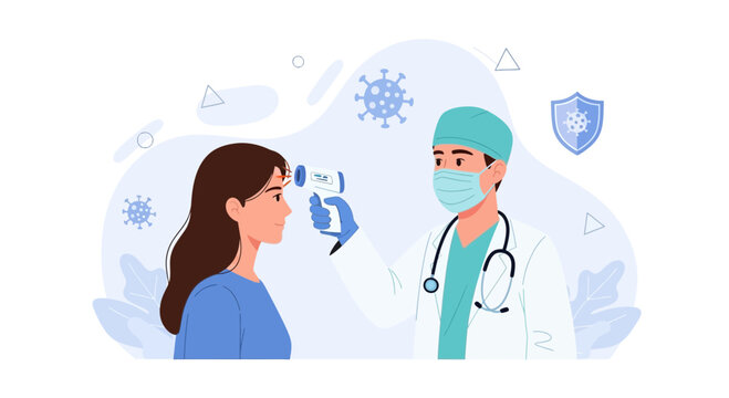 Doctor performs non-contact temperature check on a woman to screen for fever, illustrating COVID-19 prevention measures.