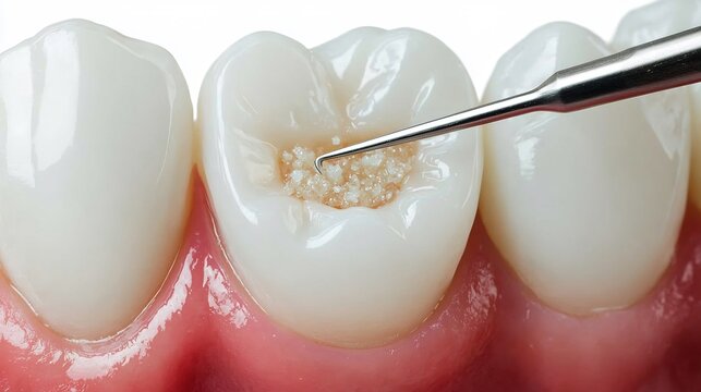 Detailed Close-up of Dental Probe Examining a Cavity on a Tooth Model for Medical Training and Education