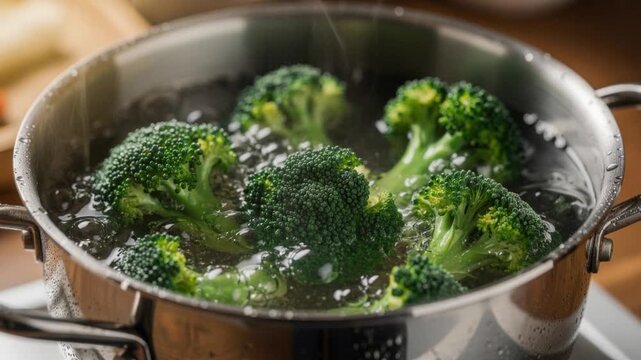 Fresh broccoli being boiled in a stainless steel pot with steam rising in a kitchen setting