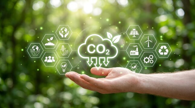 Carbon dioxide reduction symbol held by a person, green nature background, net zero emissions concept representing sustainable environment and energy