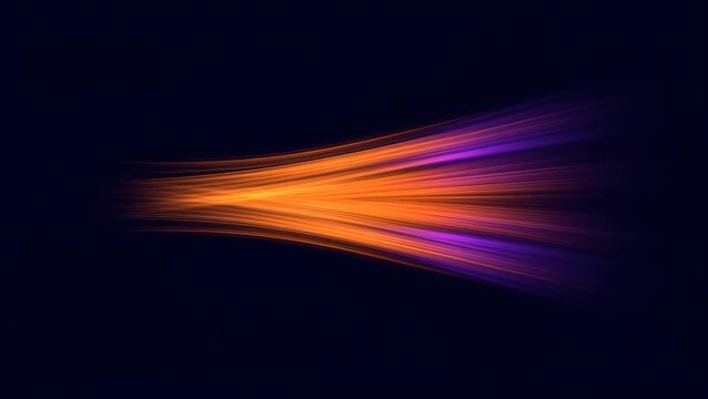 Vibrant orange and purple streaks radiate across a dark background