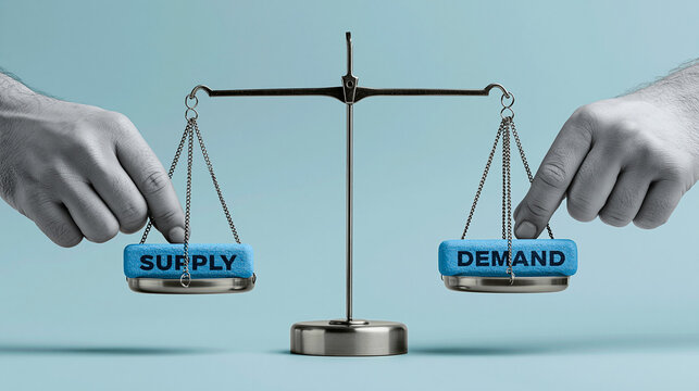 Supply and Demand Balance: Hands balance the scales of supply and demand, symbolizing economic equilibrium and market forces, representing the core principles of economics.