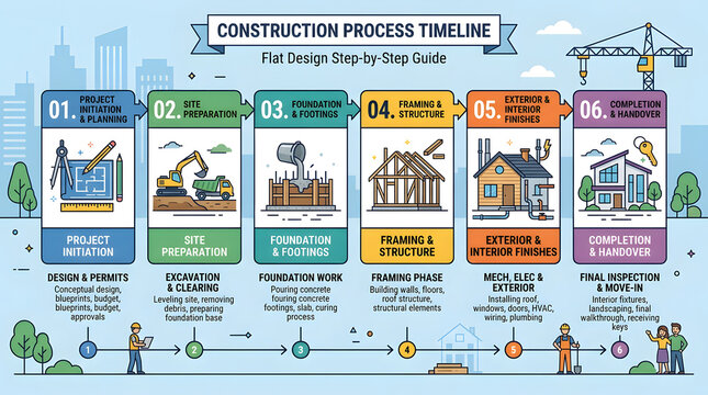 Illustrated construction process timeline showing six steps of house building
