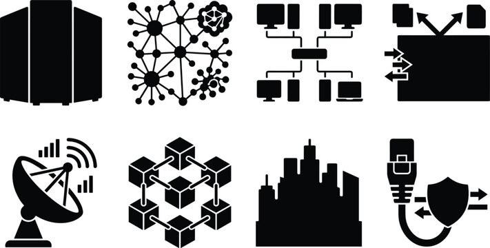 Data network and telecommunication icon set featuring server farm blockchain satellite dish secure internet connection and smart city silhouettes