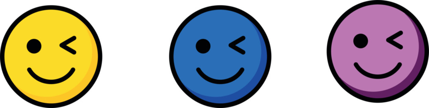 Winking Smiley Face Vector Icon Set Featuring Yellow Blue and Pink Flirty Emoticons for Social Media Apps Communication and Playful Graphic Designs