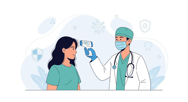 Doctor using infrared thermometer to check woman's temperature, symbolizing health, screening, and pandemic prevention