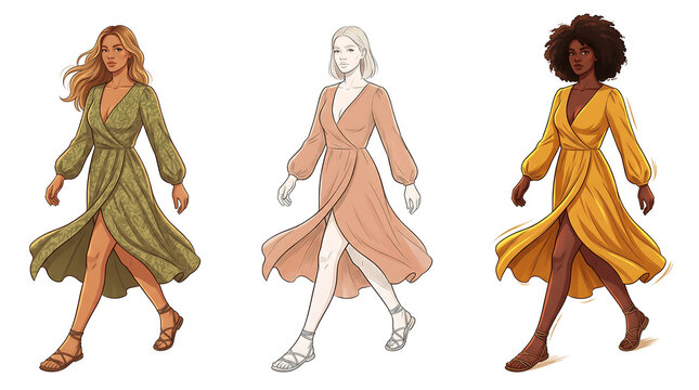 Three-panel editorial illustration of a woman walking forward in three color studies, each panel showing the same dynamic striding pose