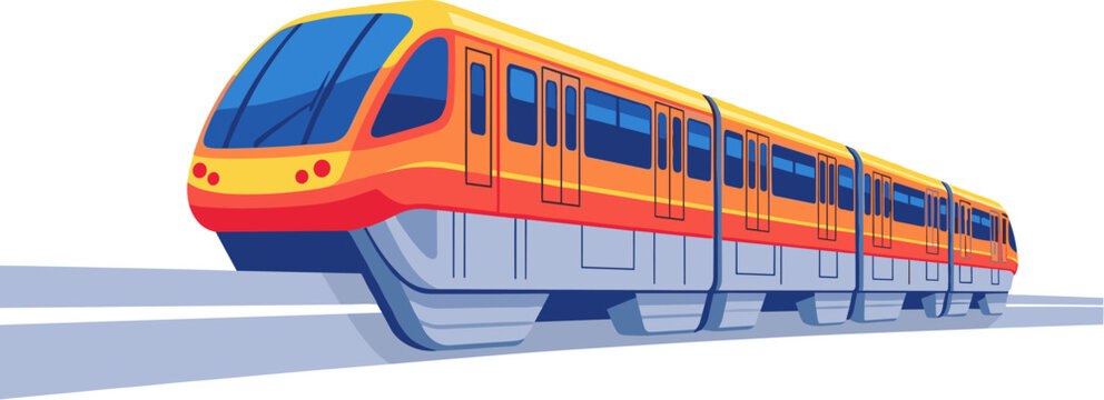 Yellow and orange modern passenger monorail train traveling on elevated track