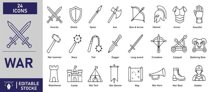 A set of 24 war outline icons