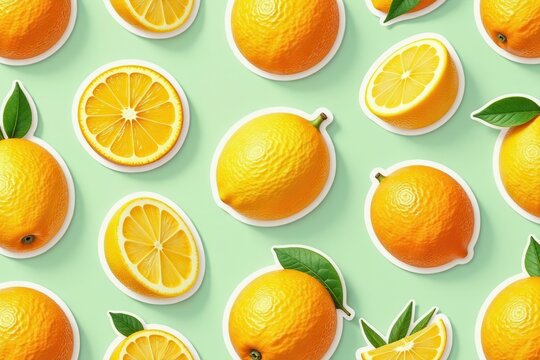 Citrus zest seamless pattern, zesty fruit stickers, graphics, packaging, repeat