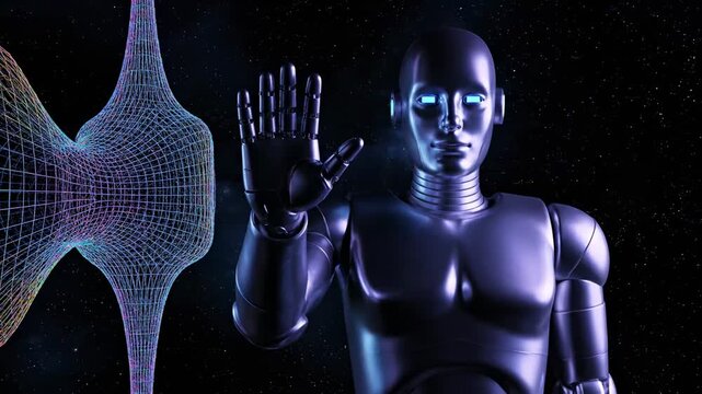 Futuristic robot with blue eyes next to a colorful wireframe structure in space