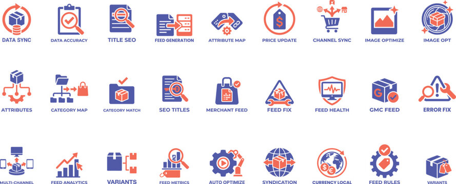 Business e-commerce marketing icons collection for data synchronization and feed management.