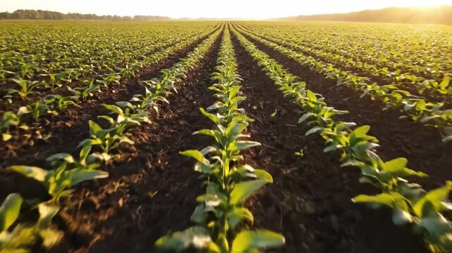 Aerial view flying closely over agricultural field rows with young green seedlings growing in the fertile soil, showing the beautiful landscape during a warm and scenic sunset