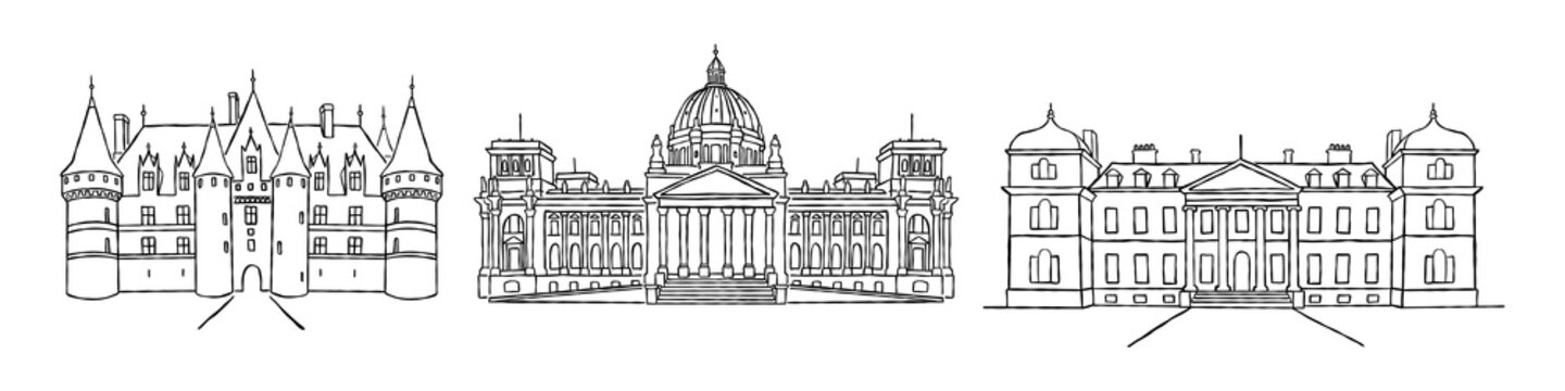 Hand drawn venue building doodle sketch set with castle, classical dome structure, and mansion, detailed line art drawing of architectural