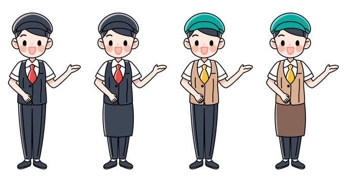 案内する制服の男性のイラストセット