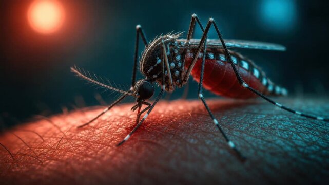 Close up of a mosquito feeding on human skin with detailed body and glowing background lighting