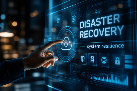A hand points at a digital interface displaying "DISASTER RECOVERY" in a dark, high-tech setting.