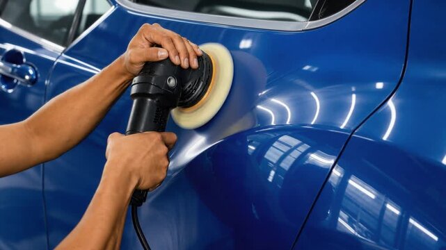 Close up of person polishing shiny blue car with electric buffer in auto detailing workshop