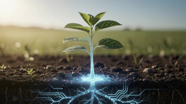 Young green plant with glowing digital roots in fertile soil under natural sunlight for sustainable growth