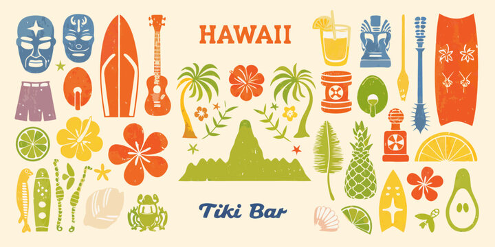 Hawaiian themed Vector Illustration With Surfboards Flowers And Tiki Elements