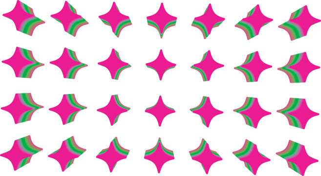 A grid of 28 rotating 3d starshaped objects with pink and green gradient surfaces