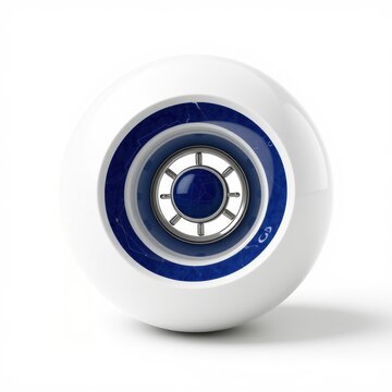 White roller skate wheel with blue core. Detailed circuit pattern visible. Silver bearings centered within. Clean studio lighting.