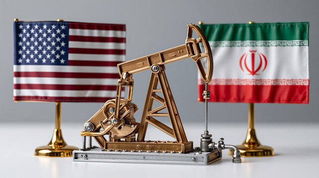 US Iran Oil Politics: A miniature oil pump jack stands between the American and Iranian flags, symbolizing the complex relationship and geopolitical influences in the global oil market.