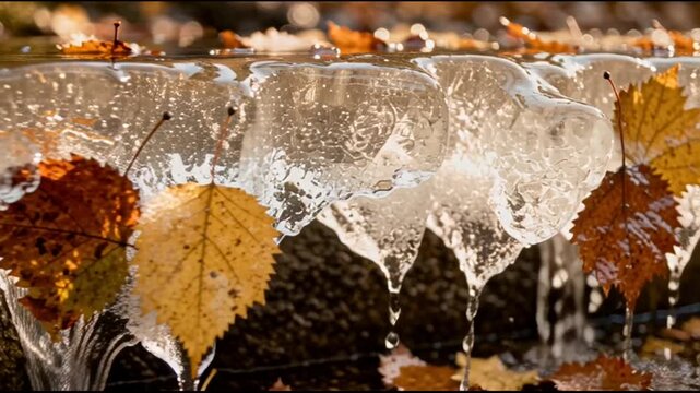 Frozen leaves in ice cubes melting.