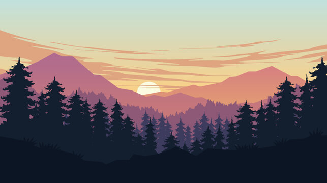 Vector Landscape of Mountains and Forest at Sunset Flat Illustration