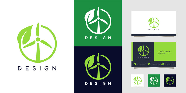 A modern green energy logo design featuring a wind turbine and a leaf within a circular emblem, showcased on various backgrounds and business card mockups.
