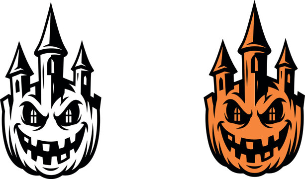 Spooky Halloween Pumpkin Castle Vector Mascot Set Featuring Scary Jack o Lantern Faces with Haunted House Spires for Festive Dark Holiday Designs