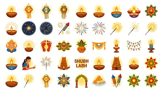 Diwali festival decorations and symbols arranged on a surface