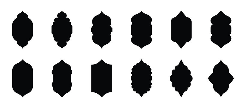 Islamic arch window silhouette collection with traditional oriental door or window shapes. Ramadan frame shape. Shape Islamic door and arabic window arch. Arabic door or window vector silhouette. 