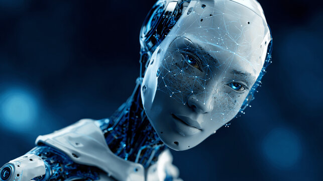 Futuristic Android Portrait: A close-up, high-detail portrait of an android's face, showcasing intricate mechanical components beneath a smooth, porcelain-like exterior.