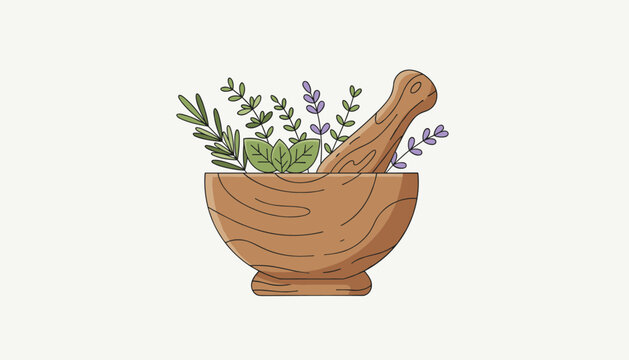 Wooden Mortar and Pestle filled with Fresh Green Herbs
