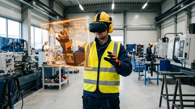 Worker wearing VR headset for industrial safety training simulation