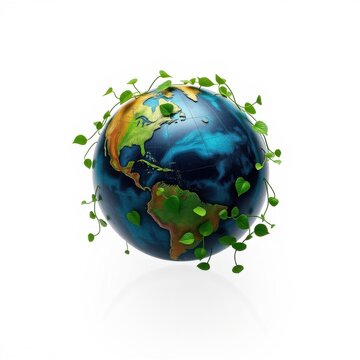 Earth globe surrounded by green vines, leaves. Symbolizes ecology, environment, sustainability, planet health. Reflects global awareness.