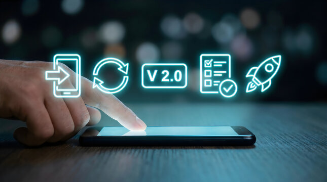 Software update version 2.0 concept, digital system upgrade icons over smartphone, mobile app development and deployment process