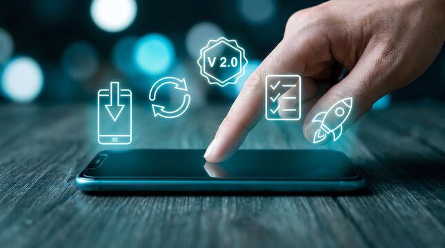 Software update V 2.0 concept on smartphone, hand touching mobile screen with digital icons, system upgrade and application installation process