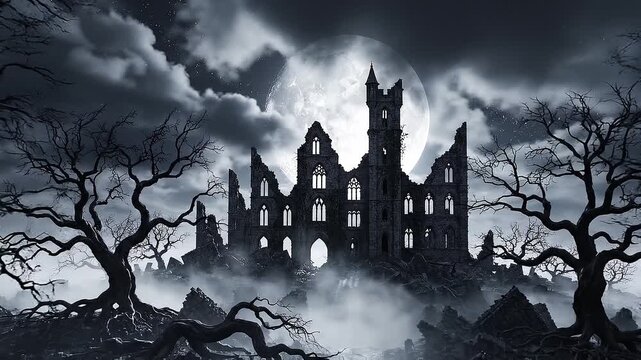 Spooky abandoned castle at night.