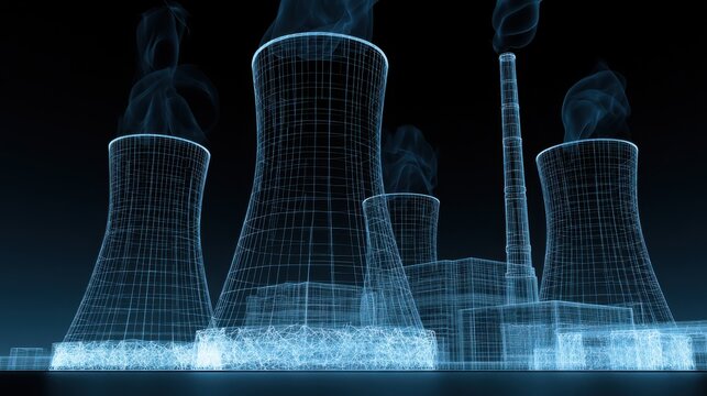 Nuclear power plant cooling towers wireframe 3D illustration on dark background