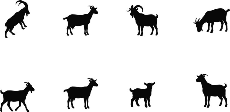 Goat Silhouette Vector Collection Featuring Standing Walking Grazing Rearing and Kid Poses for Farm Animal Design Projects