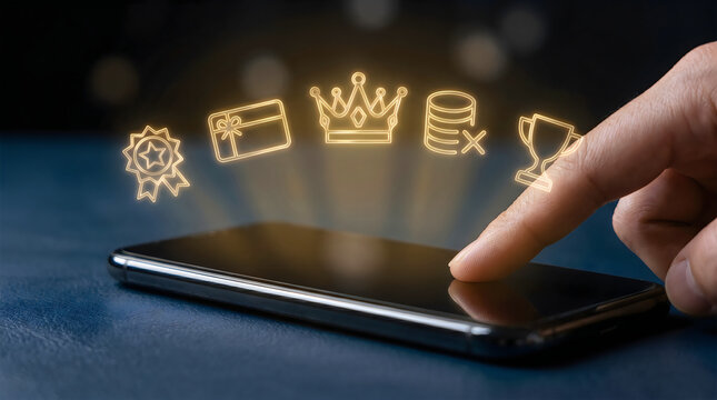 Digital loyalty program icons glowing over smartphone screen, customer hand touching mobile phone for rewards, online shopping benefits and gamification