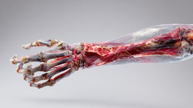 Anatomical Arm Model: A detailed anatomical model showcasing the intricate musculature, bones, and tendons of the human arm, offering a clear visual representation of internal structures.