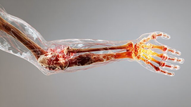 Arm Bone Pain Illustration: An illustration of the human arm bones, showing the wrist and elbow joints with a glowing orange hue indicating inflammation and pain.