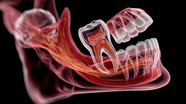 Wisdom Tooth Extraction: A detailed 3D anatomical illustration showcases a human jaw with a problematic wisdom tooth, highlighting the roots and surrounding bone structure.